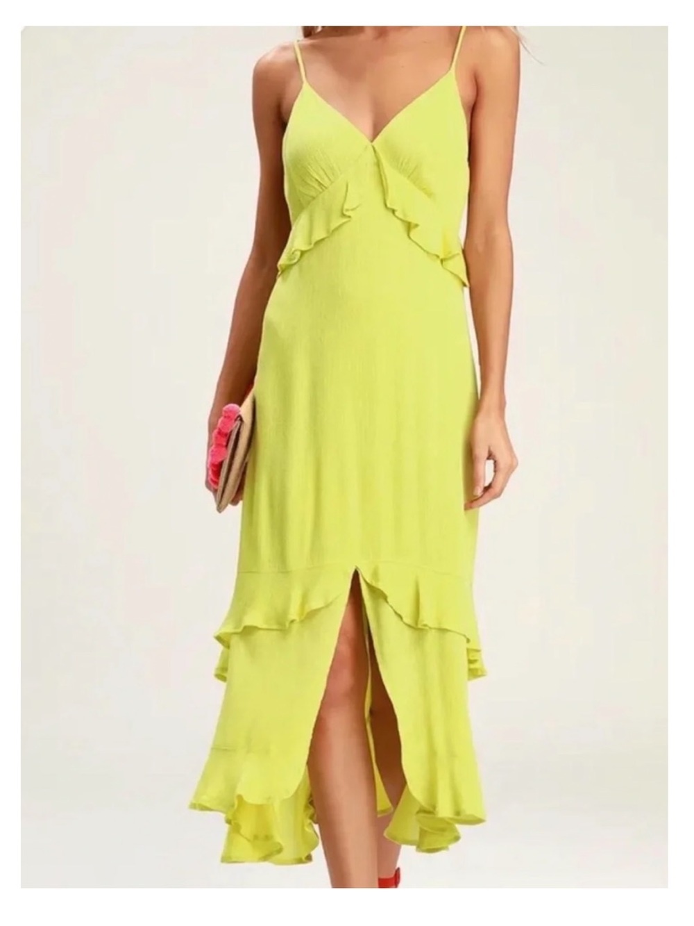 Lulus Yellow Ruffle Maxi Dress Slit Front Size Medium